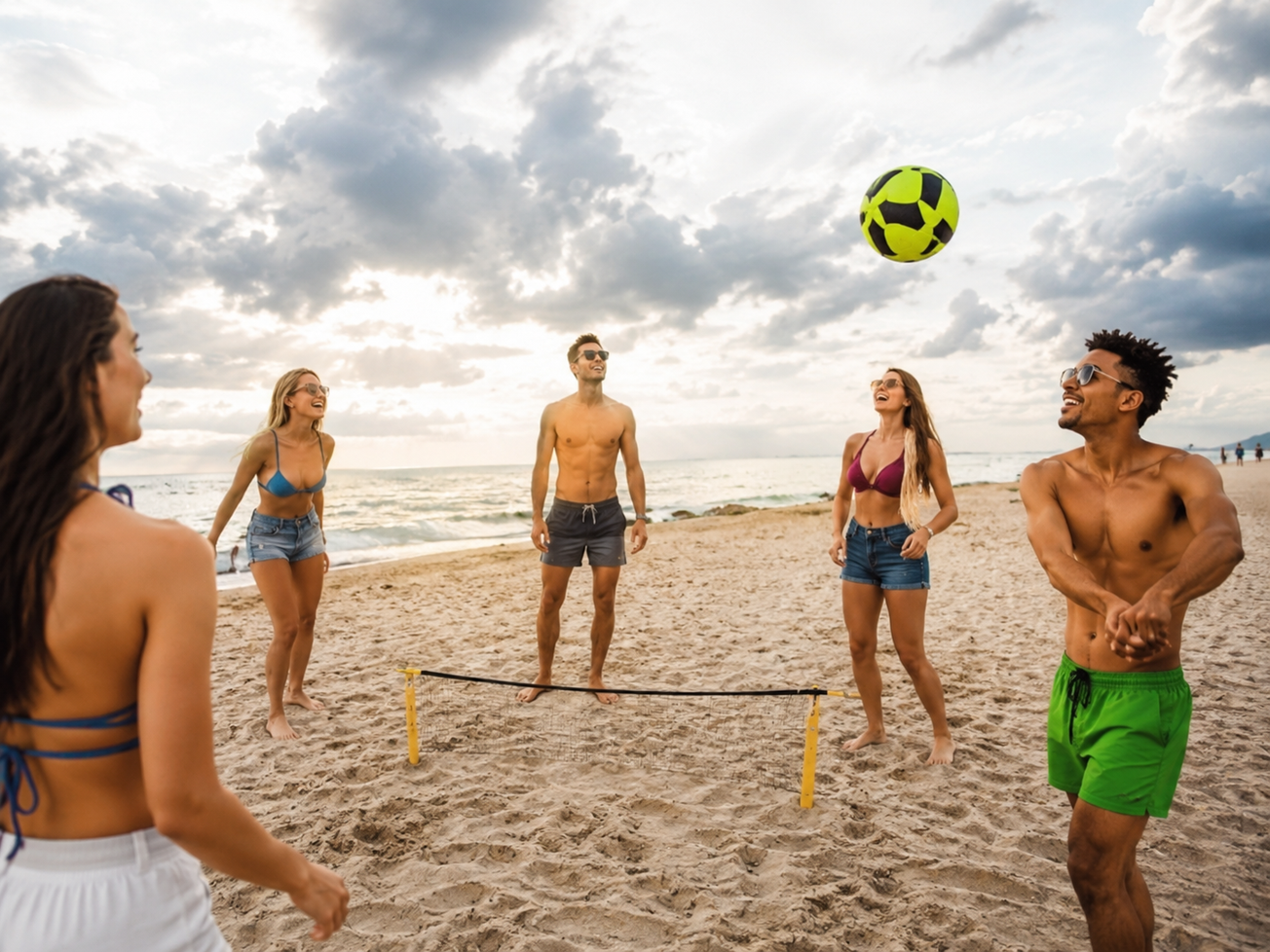 Grupo de amigos jogando futevôlei na praia