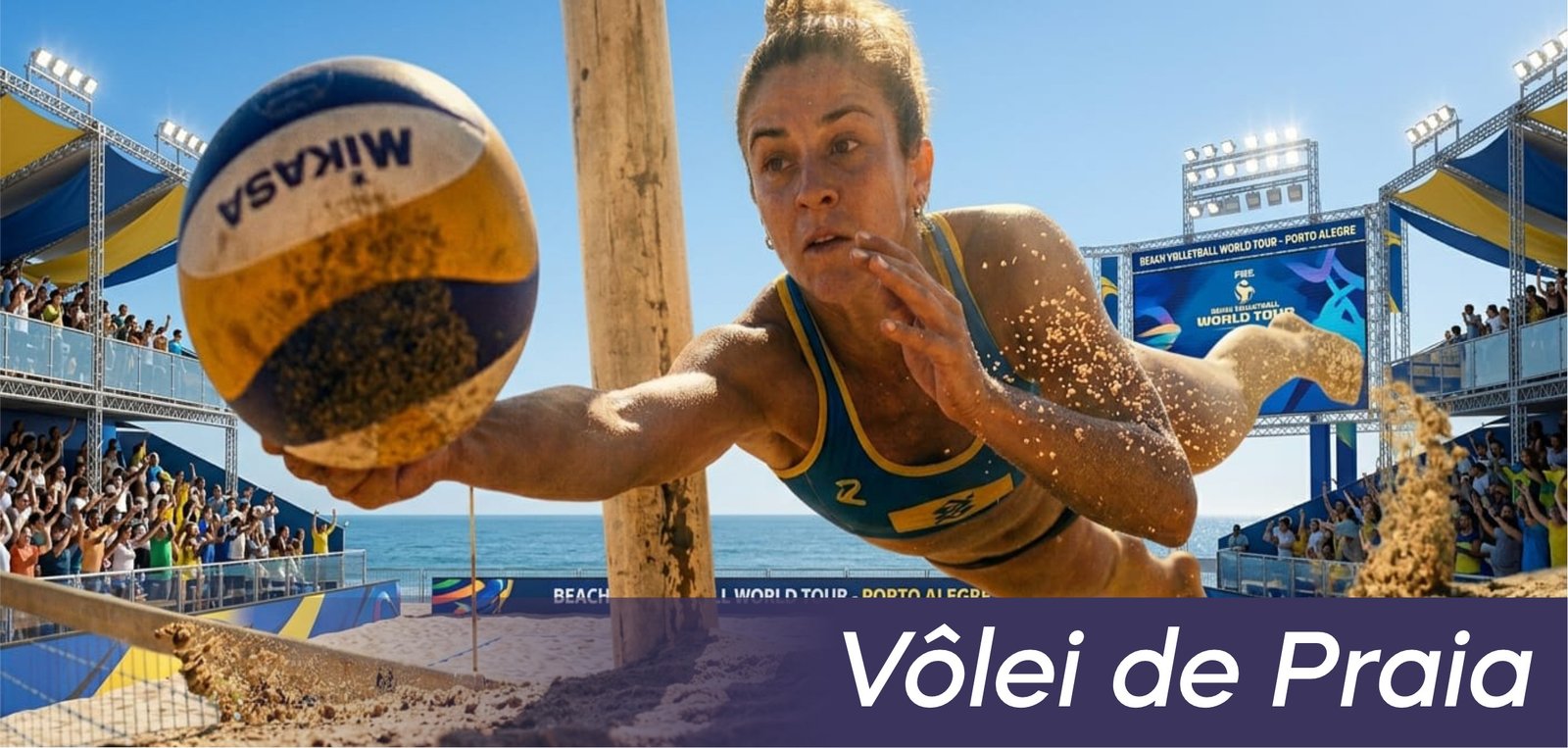 Jogadora de vôlei de praia mergulhando na areia para defender a bola, BEACH Volleyball World Tour — Porto Alegre